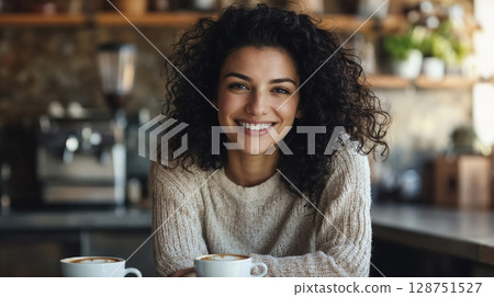 Young woman with natural curly hair smiling at cafe with coffee cups. Genuine lifestyle portrait capturing authentic joy and casual comfort 128751527