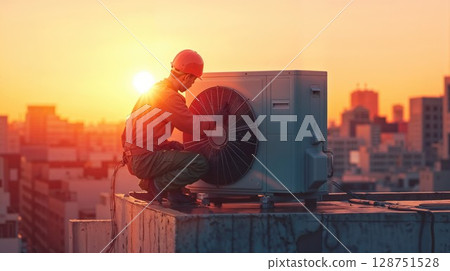 HVAC technician servicing air conditioning unit on rooftop at sunset. Industrial maintenance worker repairing equipment against urban skyline 128751528