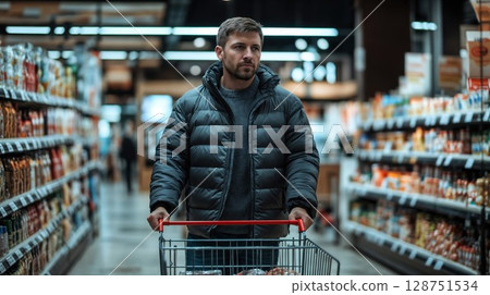 Young man shopping in supermarket pushing cart through grocery aisle. Casual winter shopper wearing puffer jacket browsing products in modern retail store with fully stocked shelves Young man shopping in supermarket pushing cart through grocery aisle. Casual winter shopper wearing puffer jacket browsing products in modern retail store with fully stocked shelves 128751534