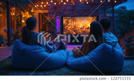 Friends enjoying outdoor movie night in backyard with comfortable bean bags under string lights. Cozy garden cinema setup with portable screen showing tropical sunset scene in ambient evening Friends enjoying outdoor movie night in backyard with comfortable bean bags under string lights. Cozy garden cinema setup with portable screen showing tropical sunset scene in ambient evening 128751535