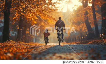 Father and son cycling together on autumn path surrounded by golden foliage. Beautiful fall scene with parent and child bonding during bike ride through park with sunlit trees Father and son cycling together on autumn path surrounded by golden foliage. Beautiful fall scene with parent and child bonding during bike ride through park with sunlit trees 128751536