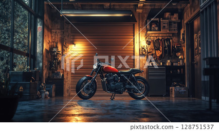 Custom cafe racer motorcycle parked in atmospheric garage workshop at night. Vintage style bike with orange fuel tank illuminated by warm industrial lighting against metal shutter door creating moody Custom cafe racer motorcycle parked in atmospheric garage workshop at night. Vintage style bike with orange fuel tank illuminated by warm industrial lighting against metal shutter door creating moody 128751537