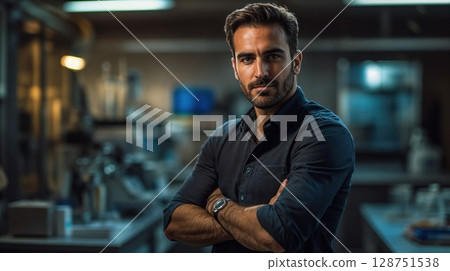 Confident professional businessman in dark shirt photographed in modern office environment. Dramatic corporate portrait with moody lighting captures leadership and success in contemporary workplace 128751538
