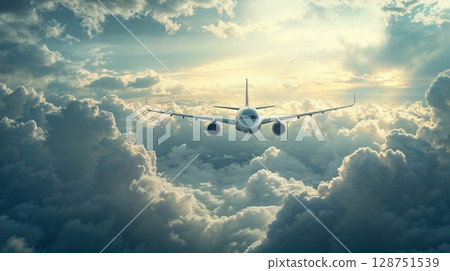 Commercial airplane flying through dramatic sunlit clouds at high altitude. Majestic aerial view capturing ethereal sky atmosphere with sun rays piercing through cloud formations Commercial airplane flying through dramatic sunlit clouds at high altitude. Majestic aerial view capturing ethereal sky atmosphere with sun rays piercing through cloud formations 128751539