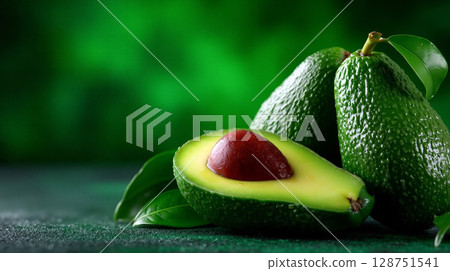 A half of an avocado with a red fruit on top of it 128751541