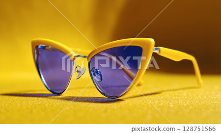 A pair of yellow sunglasses sitting on top of a yellow surface 128751566