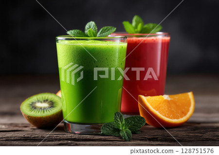 Two glasses of fresh fruit juice with mint leaves and kiwi 128751576