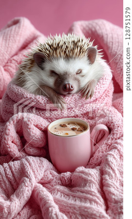A hedgehog sleeping on a pink blanket next to a cup of coffee A hedgehog sleeping on a pink blanket next to a cup of coffee 128751579