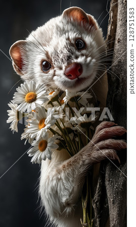 A ferret holding a bunch of daisies in its paws 128751583