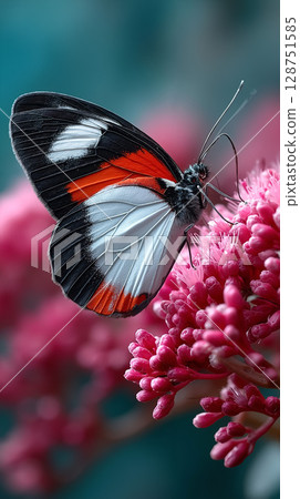 A red and black butterfly sitting on a pink flower 128751585