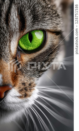 A close up of a cat's face with green eyes 128751586
