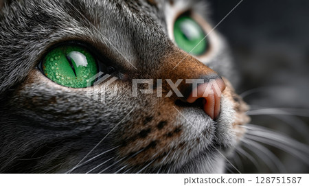 A close up of a cat's face with green eyes 128751587