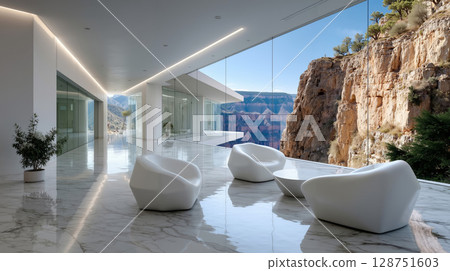 A living room with white chairs and a view of the grand canyon 128751603