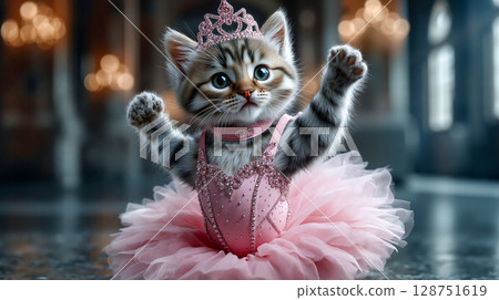 A kitten in a pink tutu and a tia is dancing A kitten in a pink tutu and a tia is dancing 128751619
