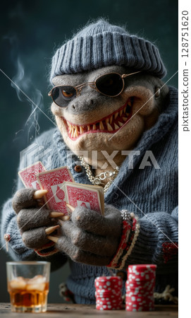 A monkey wearing sunglasses and a hat holding playing cards 128751620