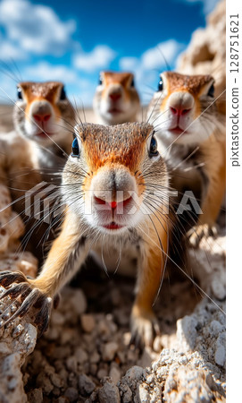 A group of ground squirrels standing on top of a rocky hillside A group of ground squirrels standing on top of a rocky hillside 128751621
