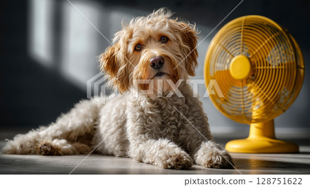 A dog laying on the floor next to a yellow fan A dog laying on the floor next to a yellow fan 128751622