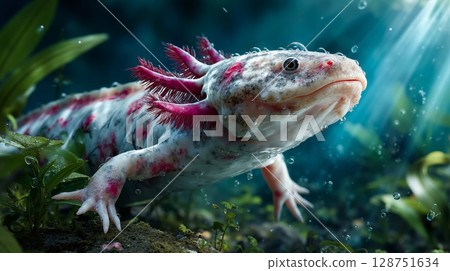 An axolotl in an aquarium with water droplets on its body 128751634