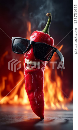 A red hot chili pepper wearing sunglasses with a smiley face 128751635