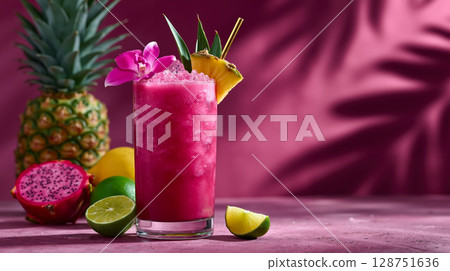 A glass of pink drink with a pineapple, dragon fruit, and limes on a table 128751636