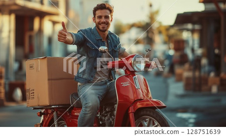 Cheerful delivery man riding a bright red scooter, holding a thumbs-up gesture, with a package secured behind him, radiating positivity in a lively urban setting Cheerful delivery man riding a bright red scooter, holding a thumbs-up gesture, with a package secured behind him, radiating positivity in a lively urban setting 128751639