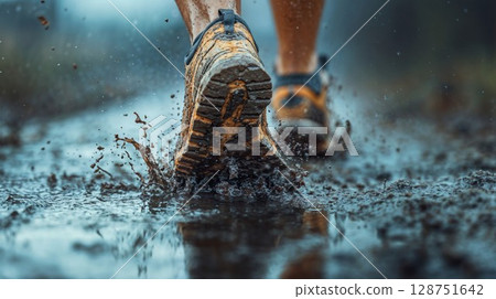 Mud race runner's muddy feet 128751642