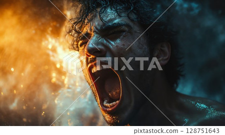 Closeup of a man passionately screaming with his mouth open 128751643