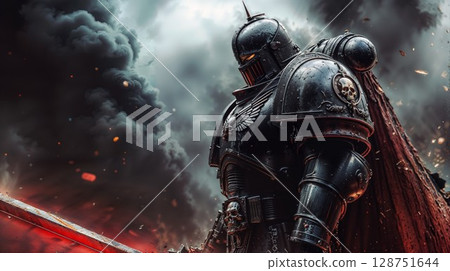 futuristic armored warrior clad in dark armor with glowing eyes, standing powerfully amidst fiery chaos and black smoke in an intense apocalyptic battlefield 128751644