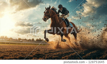 jockey on a powerful horse gallops at full speed on a dirt racetrack, kicking up dust under a dramatic golden sunset sky filled with clouds jockey on a powerful horse gallops at full speed on a dirt racetrack, kicking up dust under a dramatic golden sunset sky filled with clouds 128751645