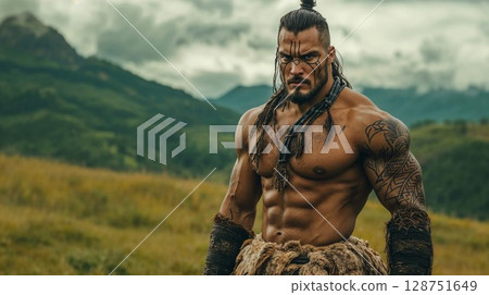 A tattooed man stands shirtless in a field before a mountain 128751649