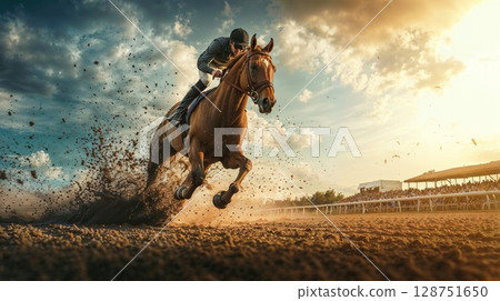 Dynamic shot of horse racing action with jockey and thoroughbred at full gallop, kicking up dirt on racetrack. Dramatic sunset and grandstand create perfect sports photography moment 128751650