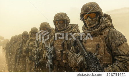 line of fully equipped soldiers in tactical combat gear, braving harsh desert conditions with sand and dust in the air, embodying discipline and readiness 128751651