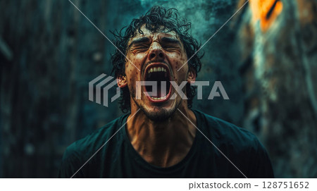 raw and emotional portrait of a young man screaming, face marked with dirt and sweat, displaying intense frustration and rage in a gritty, urban setting 128751652