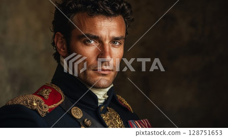 A man dressed in military uniform is directly looking at the camera 128751653