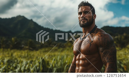 A tattooed man stands shirtless in a field before a mountain A tattooed man stands shirtless in a field before a mountain 128751654