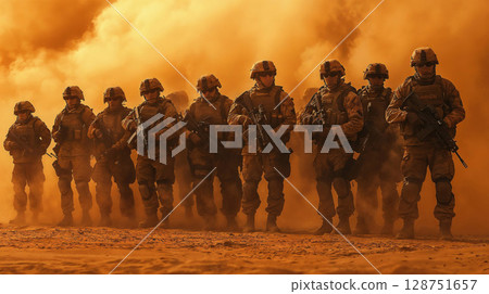 A group of soldiers is walking in a straight line through the desert 128751657