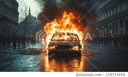 One day, a car catches fire in the city Paris 128751658