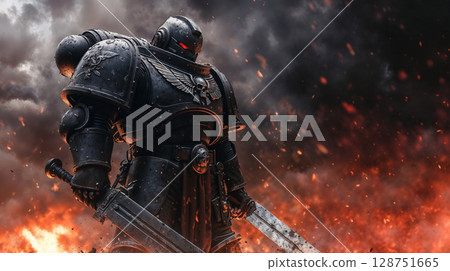 Armored warrior stands strong amidst swirling flames and thick smoke, evoking immense power and intensity 128751665