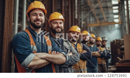 Group of confident construction workers lined up in industrial setting. Team of professional builders wearing safety gear showcasing unity and expertise in manufacturing facility Group of confident construction workers lined up in industrial setting. Team of professional builders wearing safety gear showcasing unity and expertise in manufacturing facility 128751691