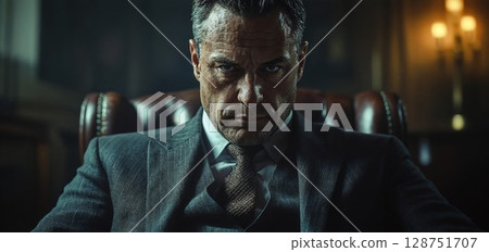 Intense portrait of a serious businessman in a dark, atmospheric office setting, exuding power, confidence, and mystery. 128751707