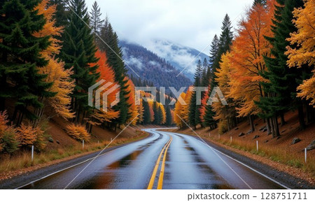 A scenic road through a lush forest with mountains in the back 128751711