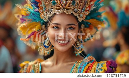 smiling festival queen adorned in a dazzling, ornate headdress and colorful outfit radiates joy and cultural pride in a lively celebration of tradition and beauty smiling festival queen adorned in a dazzling, ornate headdress and colorful outfit radiates joy and cultural pride in a lively celebration of tradition and beauty 128751719