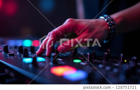 A detailed close up view of a person s hand on a music mixer 128751721
