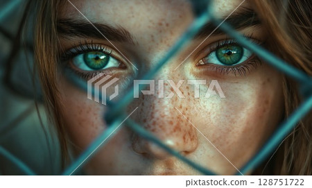 close-up portrait of a young woman with piercing green eyes and freckles gazing through a metal fence, evoking emotions of resilience, mystery, and beauty 128751722