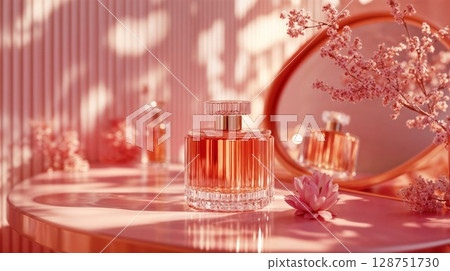 Many perfume bottles are on the table in front of a mirror 128751730