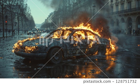 dramatic scene of a car engulfed in roaring flames during a protest, with smoke rising into a cloudy sky and reflections shimmering on the wet street below 128751732