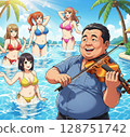 A man and a woman in a swimsuit playing the violin in the pool 128751742