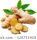Ginger root with leaf isolated on white background, PNG transparent clipart. 128751928