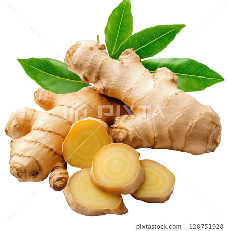 Ginger root with leaf isolated on white background, PNG transparent clipart. 128751928