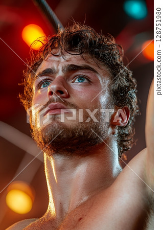 A muscular man with intense blue eyes looks upwards, sweat glistening on his skin during a strenuous workout 128751980